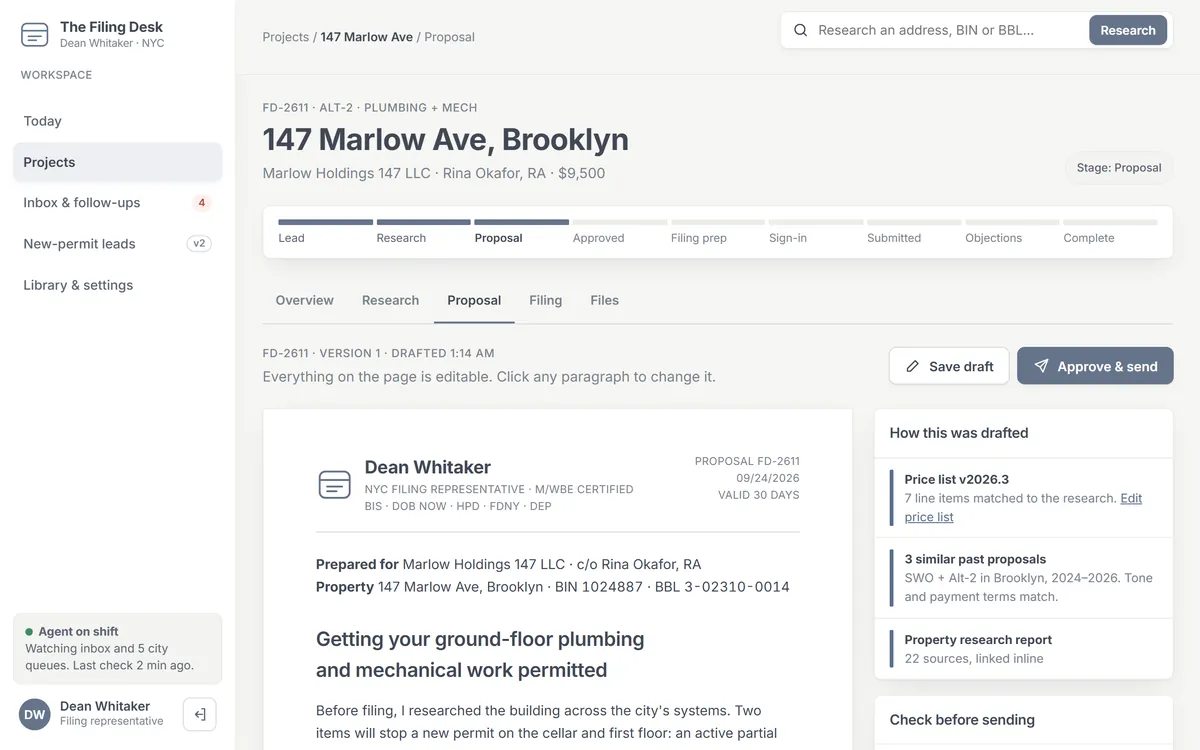 A client proposal drafted from the research and the price list, with fee lines that can be toggled and re-totaled before it goes out.